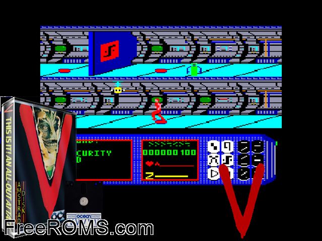 V - The Visitors (UK) (1986) [h1] Amstrad CPC game showing 3D box cover and gameplay screenshot
